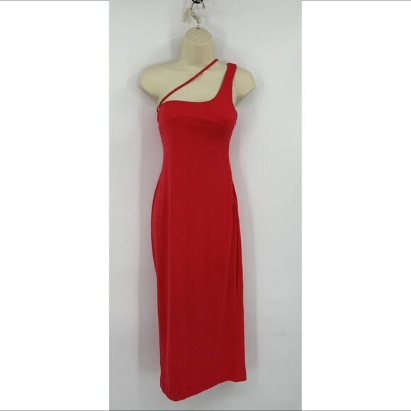 H:ours Niall midi dress red strappy kni ribbed bodycon one shoulder Medium - Picture 2 of 5